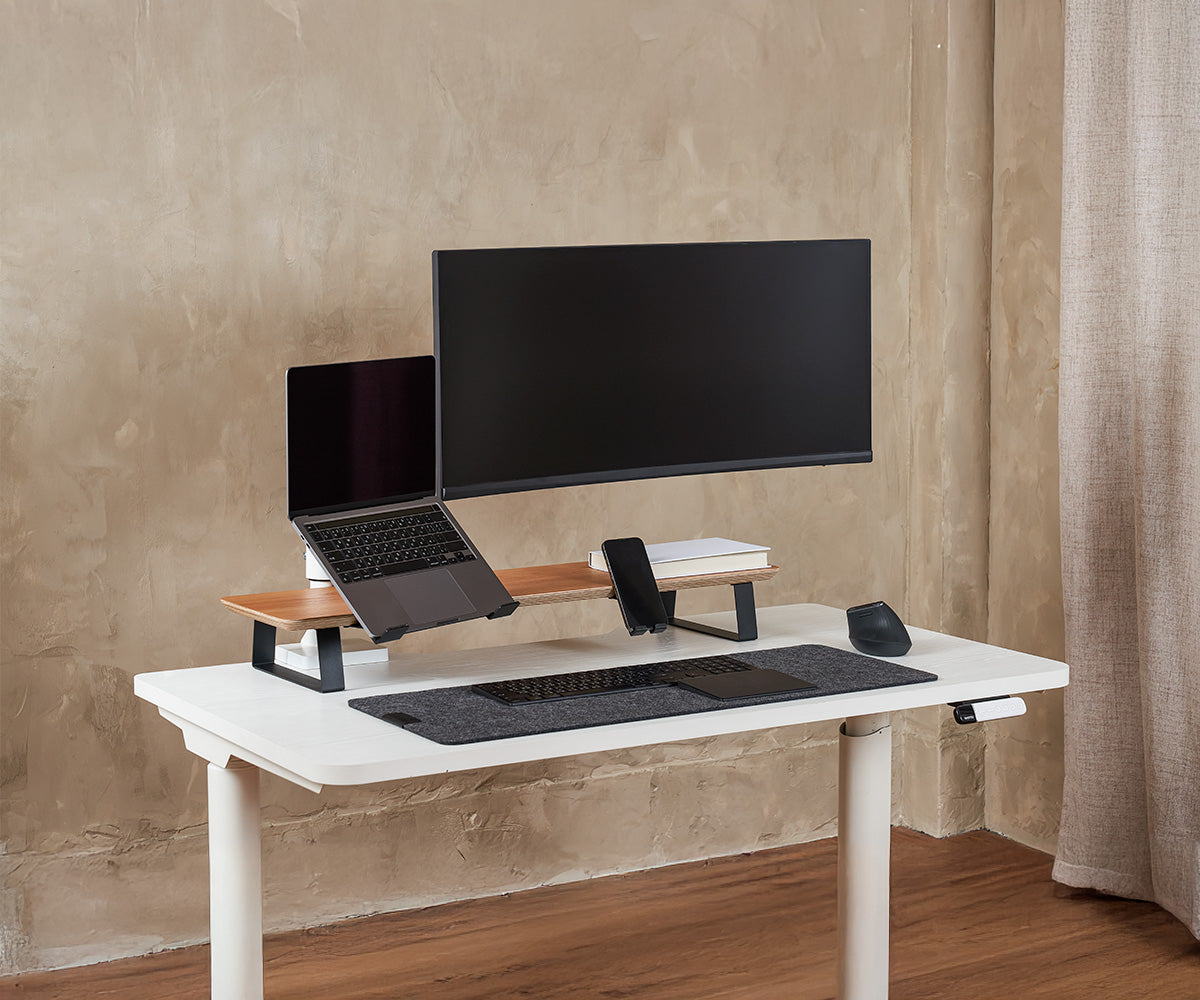 ULTRARM monitor arm and Moodular wooden monitor stand — modular, ergonomic, and designed for VISION ultrawide monitors. Enhances comfort, saves space, and elevates your workspace with precision craftsmanship.