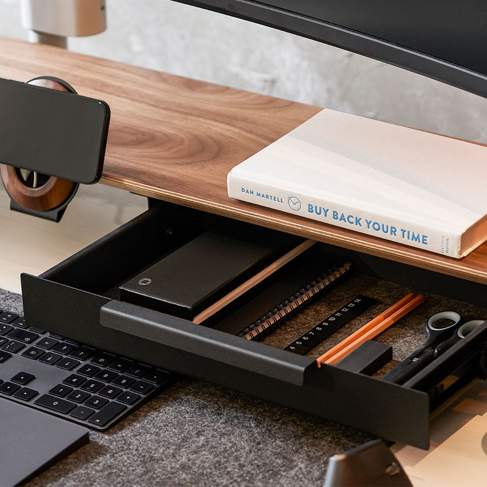 ULTRARM monitor arm and Moodular wooden monitor stand — modular, ergonomic, and designed for VISION ultrawide monitors. Enhances comfort, saves space, and elevates your workspace with precision craftsmanship.