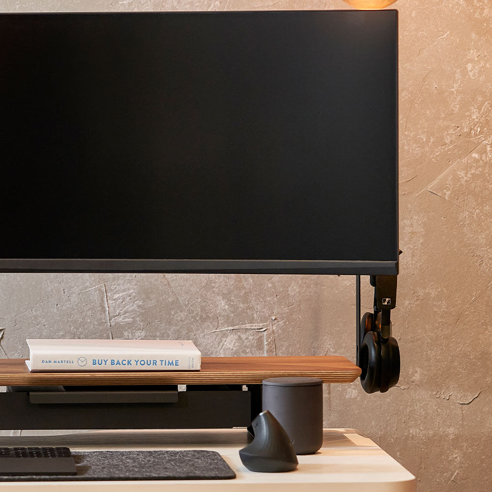 ULTRARM monitor arm and Moodular wooden monitor stand — modular, ergonomic, and designed for VISION ultrawide monitors. Enhances comfort, saves space, and elevates your workspace with precision craftsmanship.
