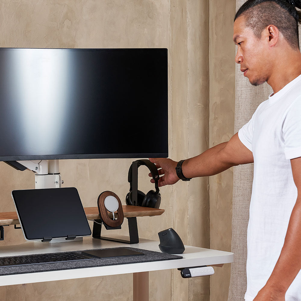 ULTRARM monitor arm and Moodular wooden monitor stand — modular, ergonomic, and designed for VISION ultrawide monitors. Enhances comfort, saves space, and elevates your workspace with precision craftsmanship.