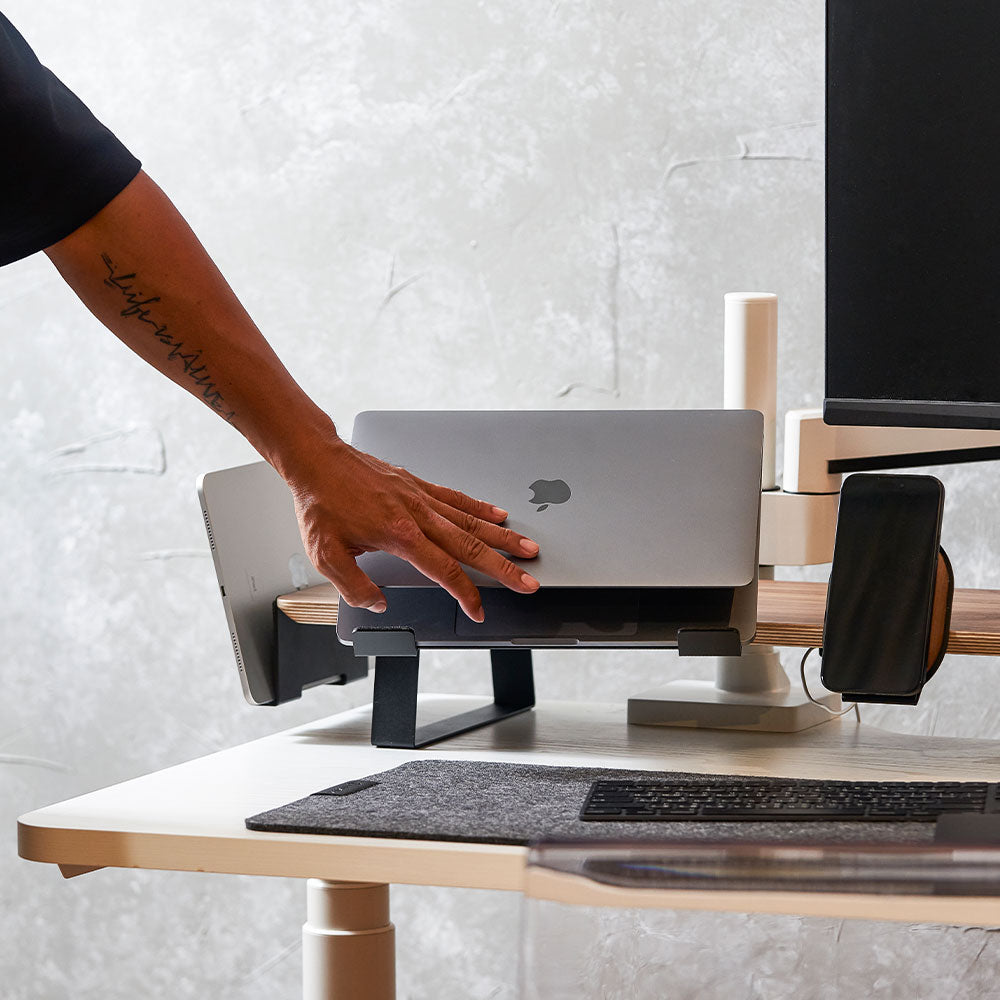 ULTRARM monitor arm and Moodular wooden monitor stand — modular, ergonomic, and designed for VISION ultrawide monitors. Enhances comfort, saves space, and elevates your workspace with precision craftsmanship.