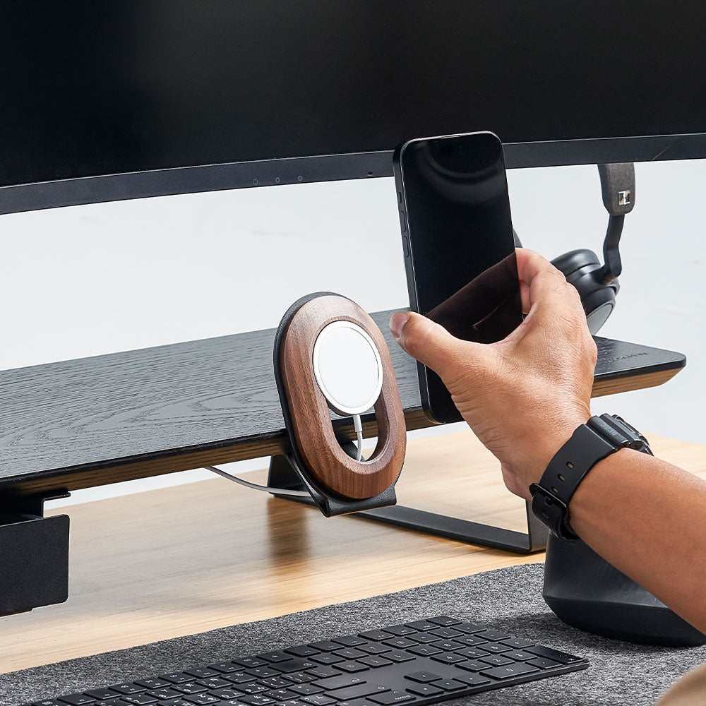 ULTRARM monitor arm and Moodular wooden monitor stand — modular, ergonomic, and designed for VISION ultrawide monitors. Enhances comfort, saves space, and elevates your workspace with precision craftsmanship.