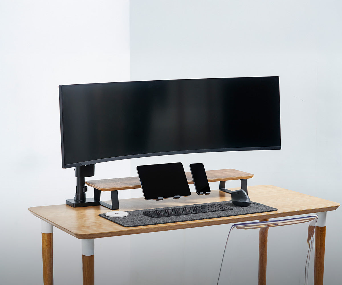 ULTRARM monitor arm and Moodular wooden monitor stand — modular, ergonomic, and designed for VISION ultrawide monitors. Enhances comfort, saves space, and elevates your workspace with precision craftsmanship.